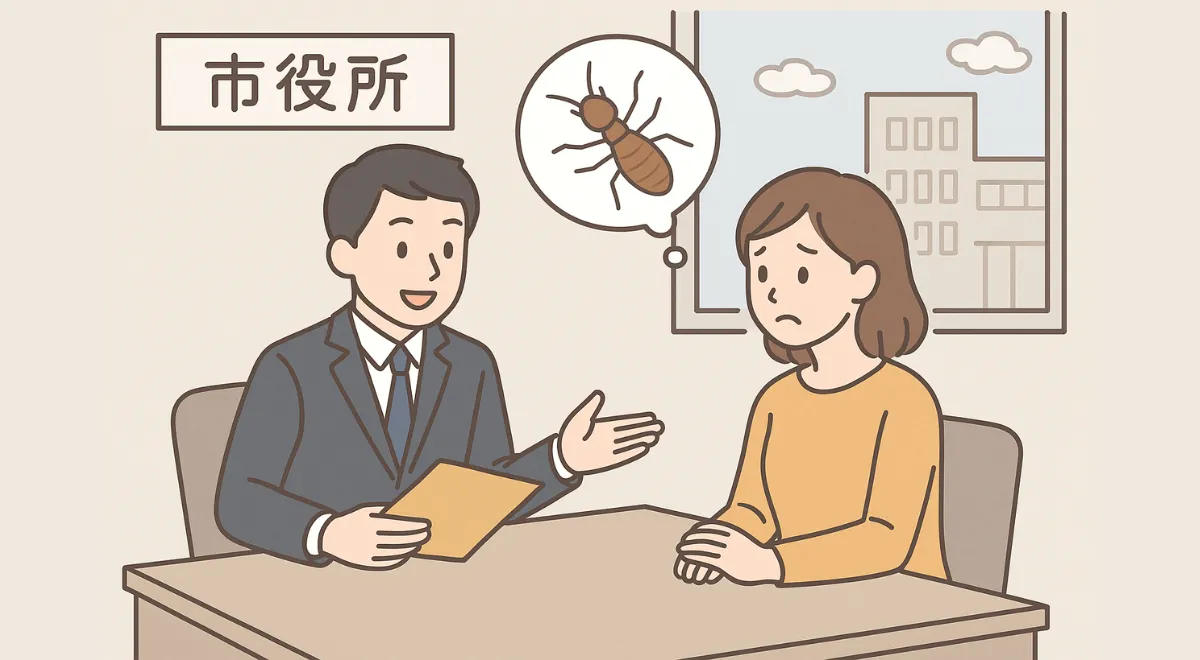 シロアリの相談を市役所職員にしている女性のイラスト