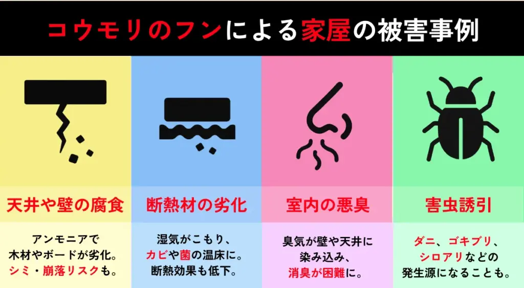 コウモリのフンによる家屋の被害例を示すイラスト（腐食・悪臭・害虫誘引など）


