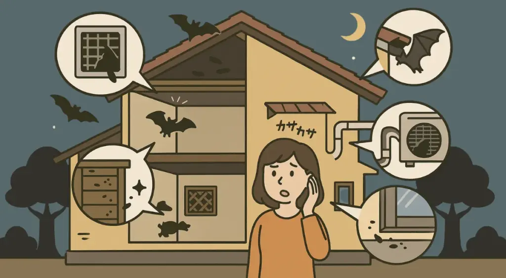 家に侵入するコウモリの経路を解説するイラスト（通気口・換気扇・屋根裏など）


