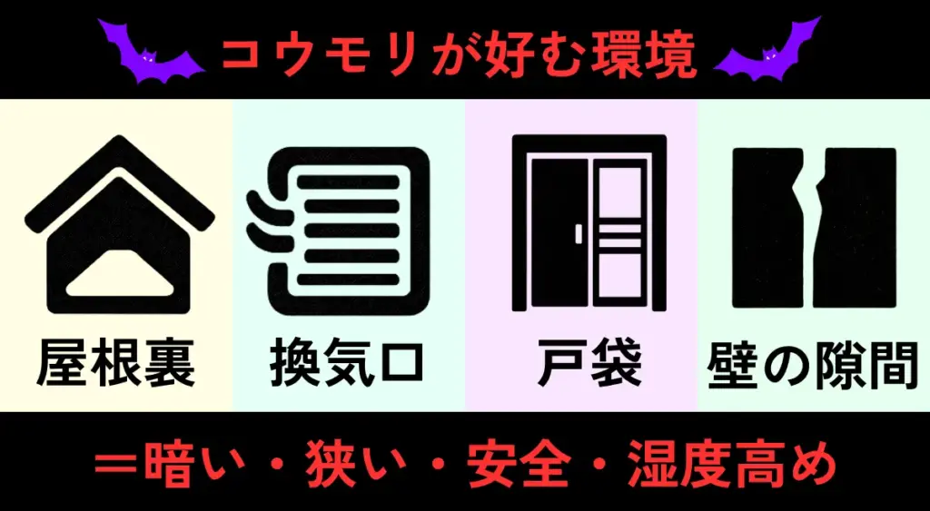 コウモリが好む環境と侵入しやすい場所の一覧図（屋根裏・換気口・戸袋・壁の隙間）
