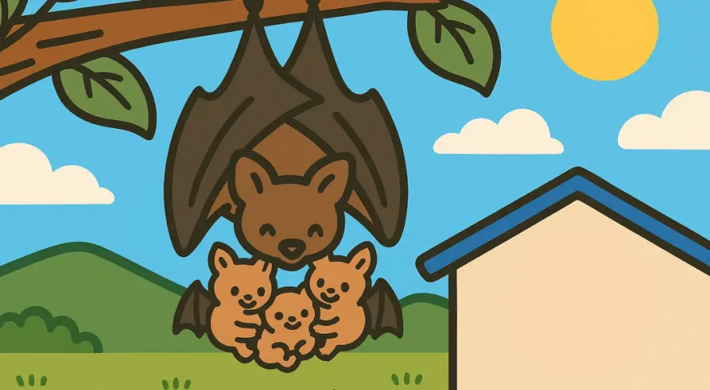 木にぶら下がって子育てをする親子コウモリのイラスト（繁殖期の説明に適用）
