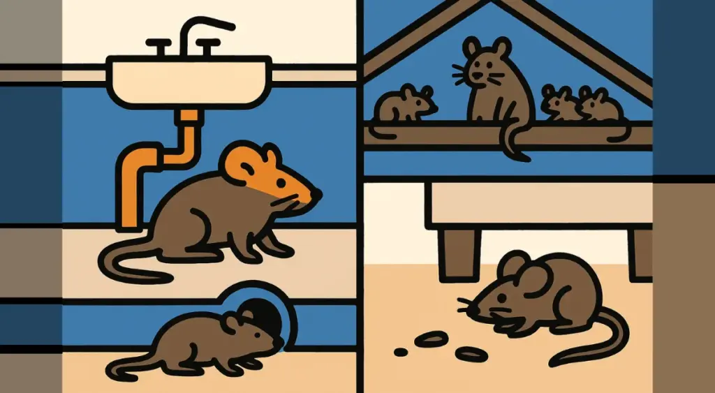 家の外壁や配管まわりなど、ネズミの侵入経路の様子のイラスト
