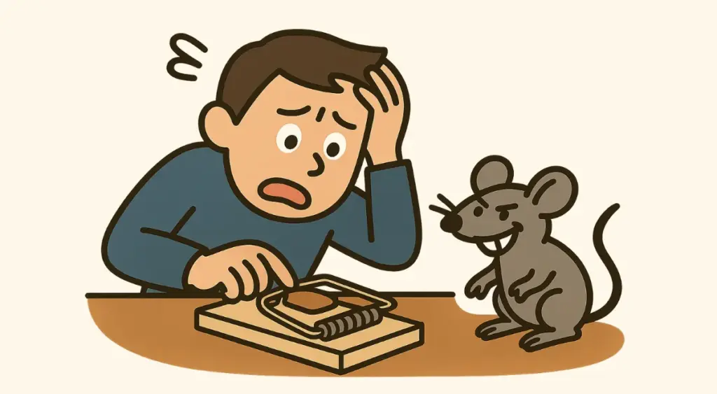 罠にかからないネズミに困って焦っている人のイラスト。ネズミ駆除の難しさを表現