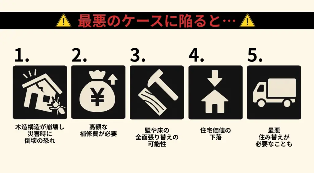 シロアリ被害を放置するとどうなる？最悪のケースに陥ると…