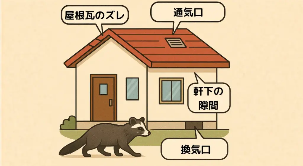 ハクビシン登りやすく侵入しやすい構造的な問題。