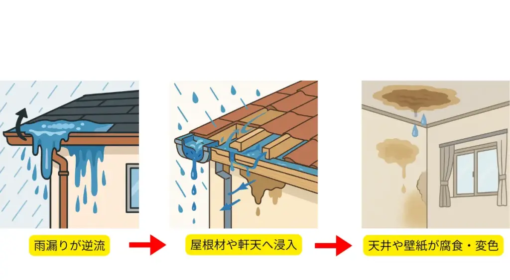 雨樋つまりは雨漏りの引き金になる。