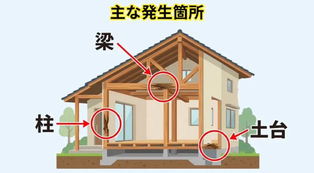 湿気の被害例・木材の主な腐食箇所