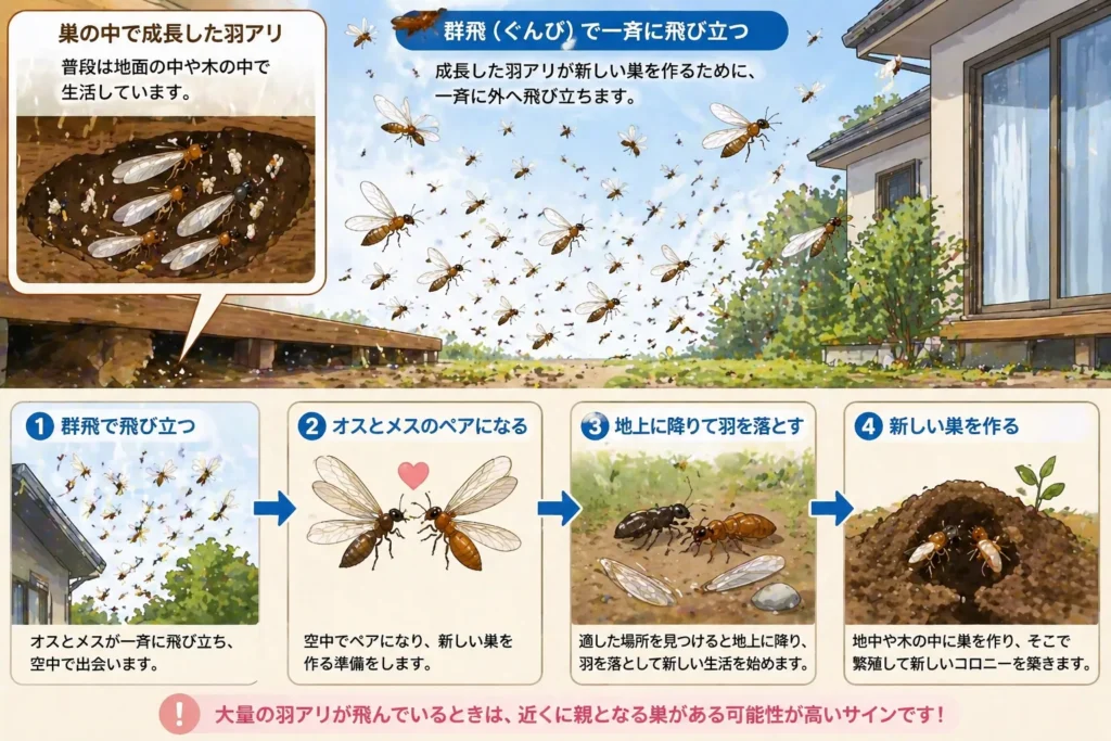 原因② 巣から新しい個体が飛び立つ「群飛」