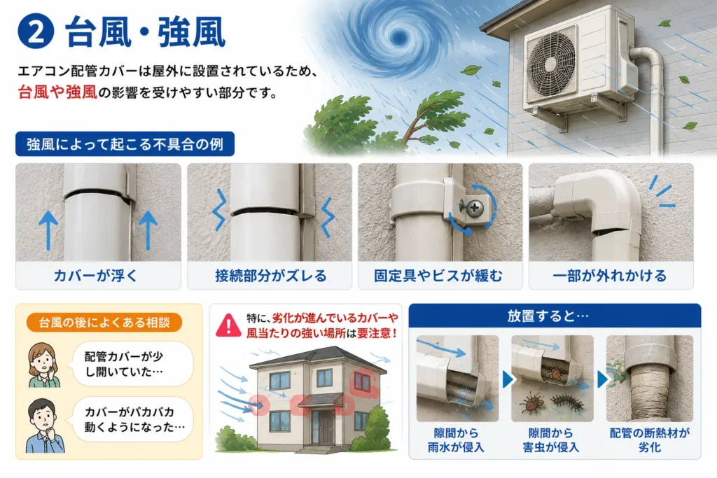 エアコン配管カバーの隙間原因・台風・強風