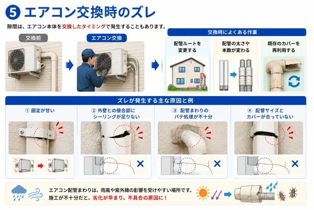 エアコン配管カバーの隙間原因・交換時のズレ