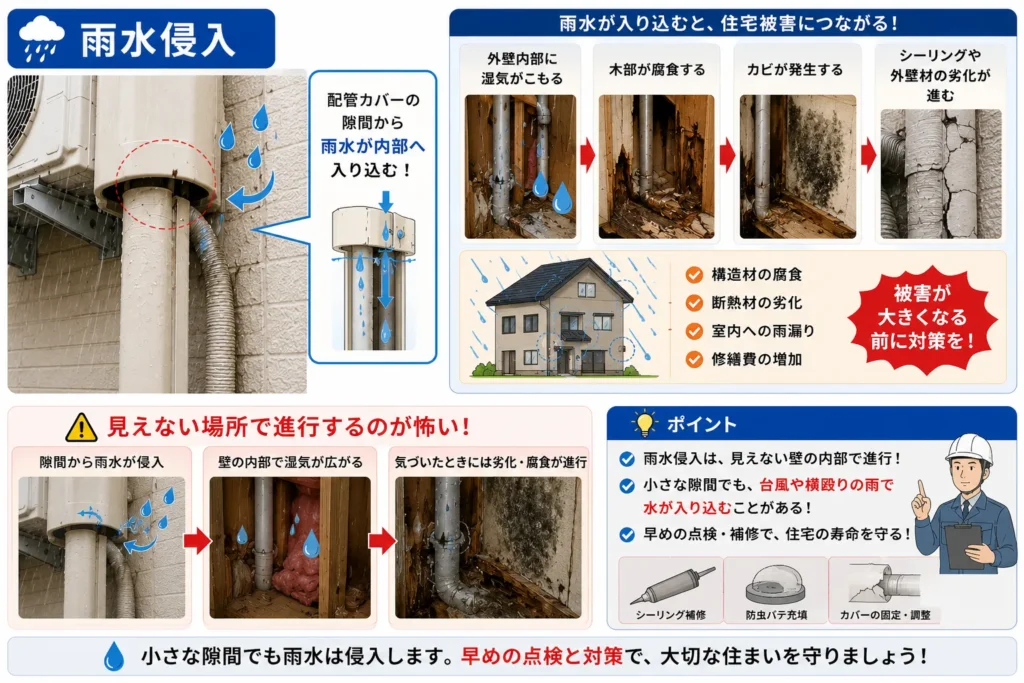 エアコン配管カバー放置すると起こる住宅被害・雨水侵入