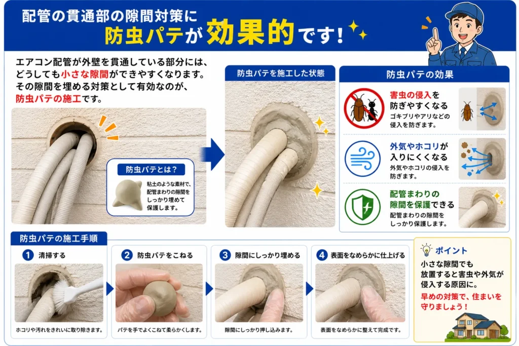 エアコン配管カバー自分でできる対策・防虫パテの施工