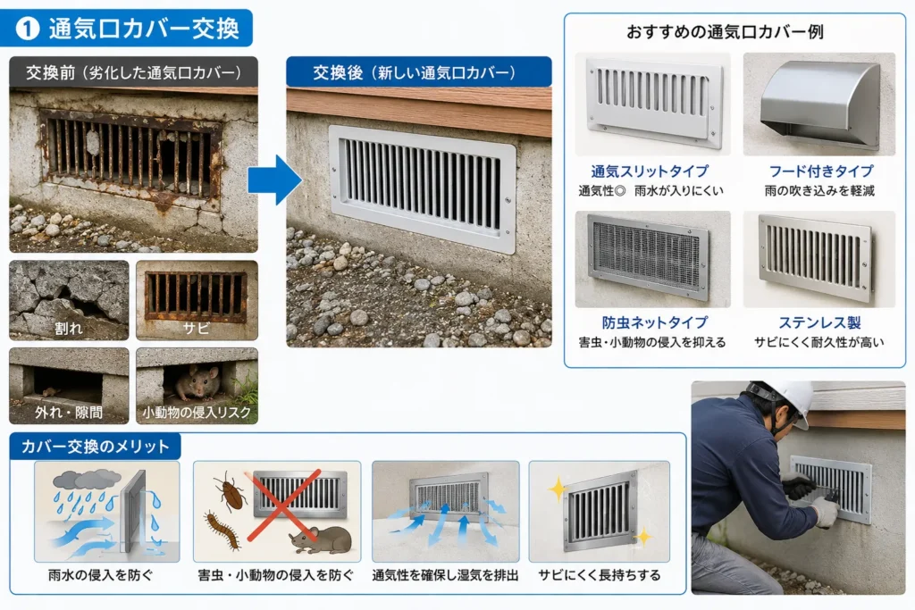 床下通気口の具体的な施工内容・通気口カバー交換