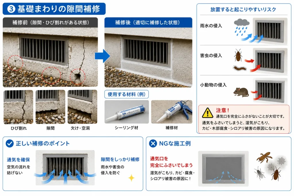 床下通気口の具体的な施工内容・基礎まわりの隙間補修