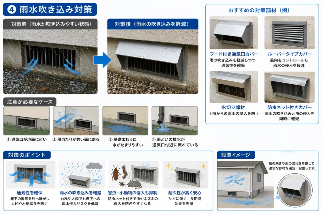 床下通気口の具体的な施工内容・雨水吹き込み対策