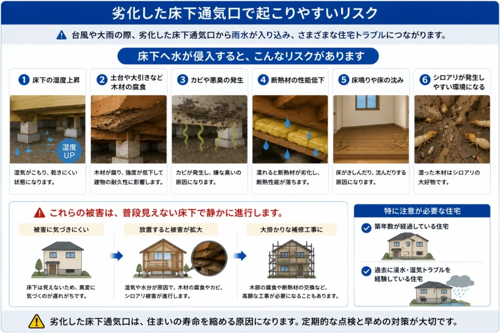 劣化した床下通気口で起こりやすいリスク・雨水が床下へ侵入