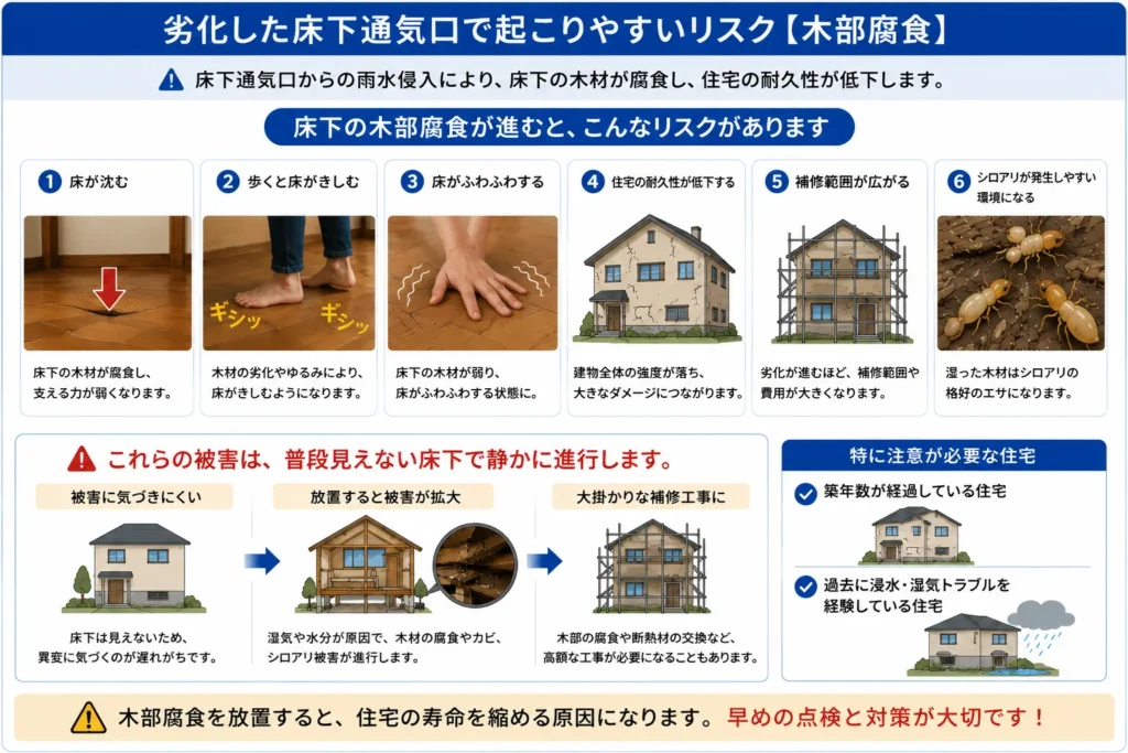劣化した床下通気口で起こりやすいリスク・木部腐食
