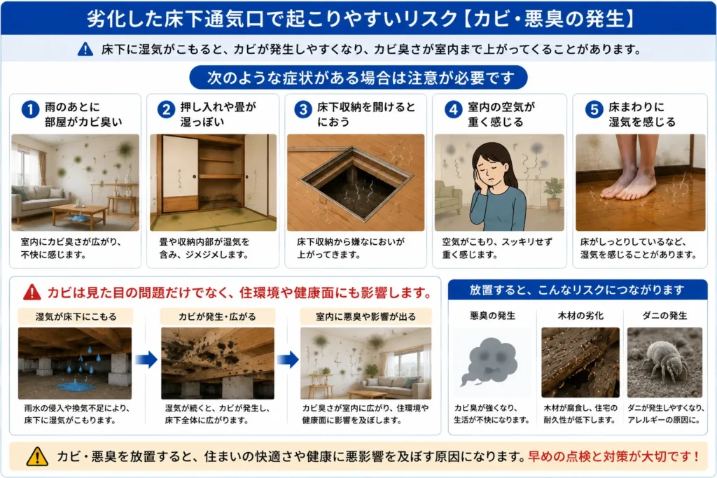 劣化した床下通気口で起こりやすいリスク・カビ悪臭の発生