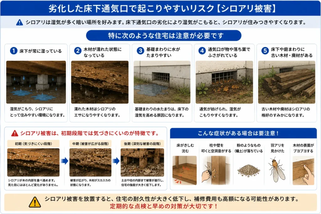 劣化した床下通気口で起こりやすいリスク・シロアリ被害