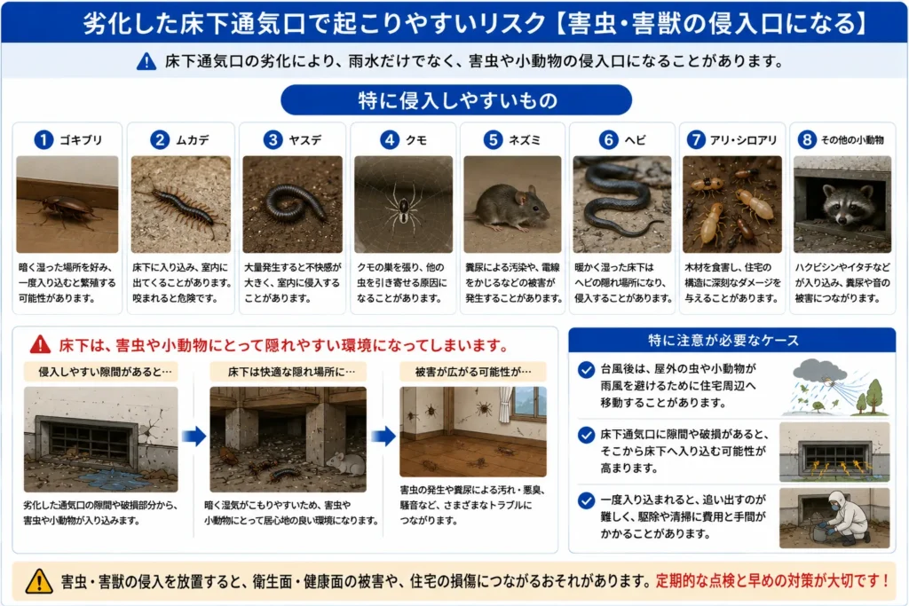 劣化した床下通気口で起こりやすいリスク・害虫害獣