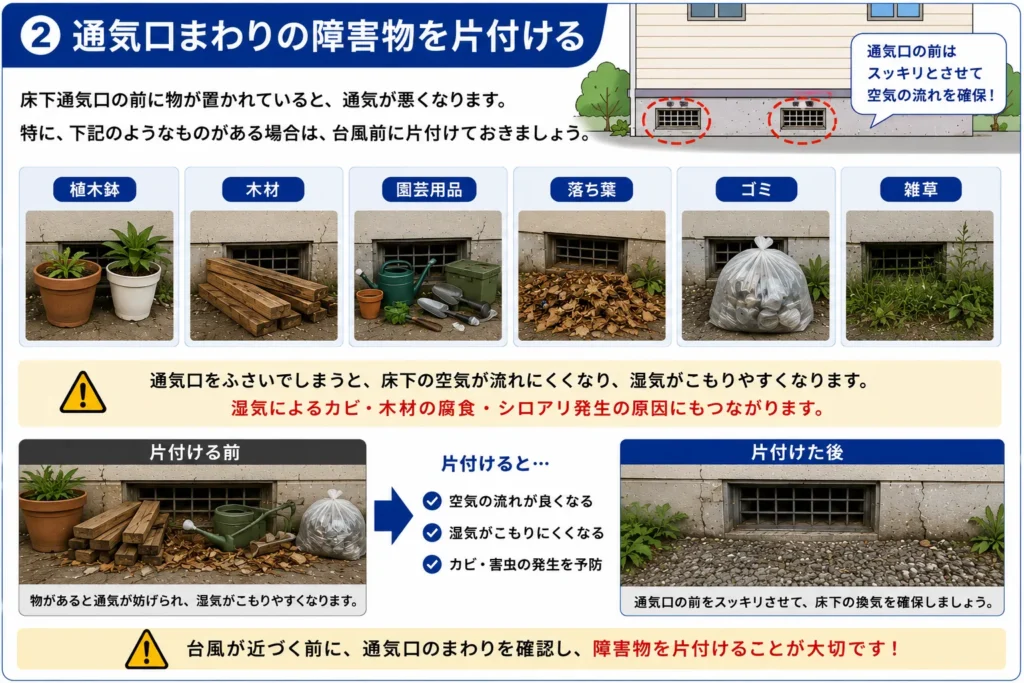台風・大雨前に行うべき対策・床下通気口まわりの障害物撤去