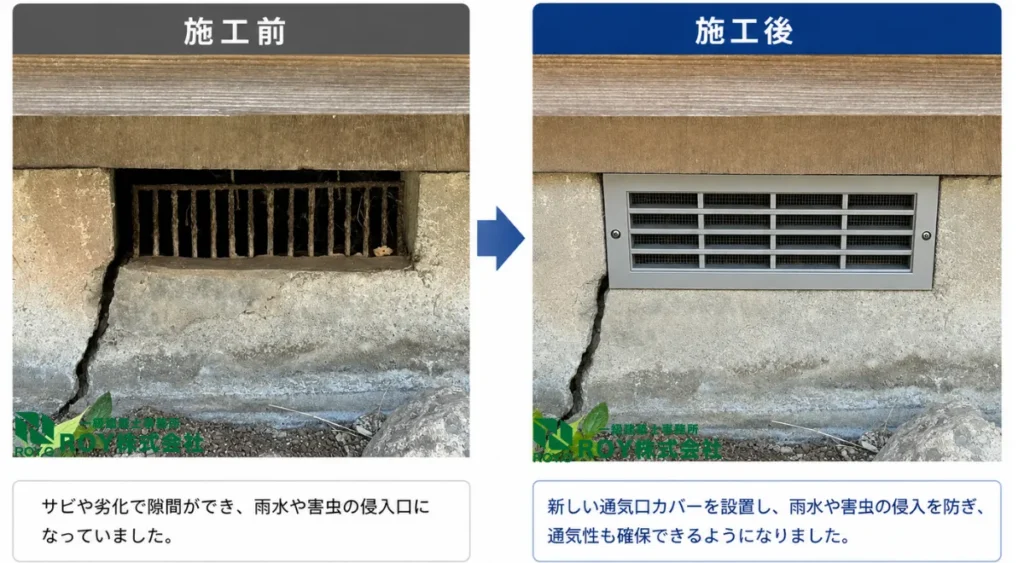 台風前対策・床下通気口実際の施工写真