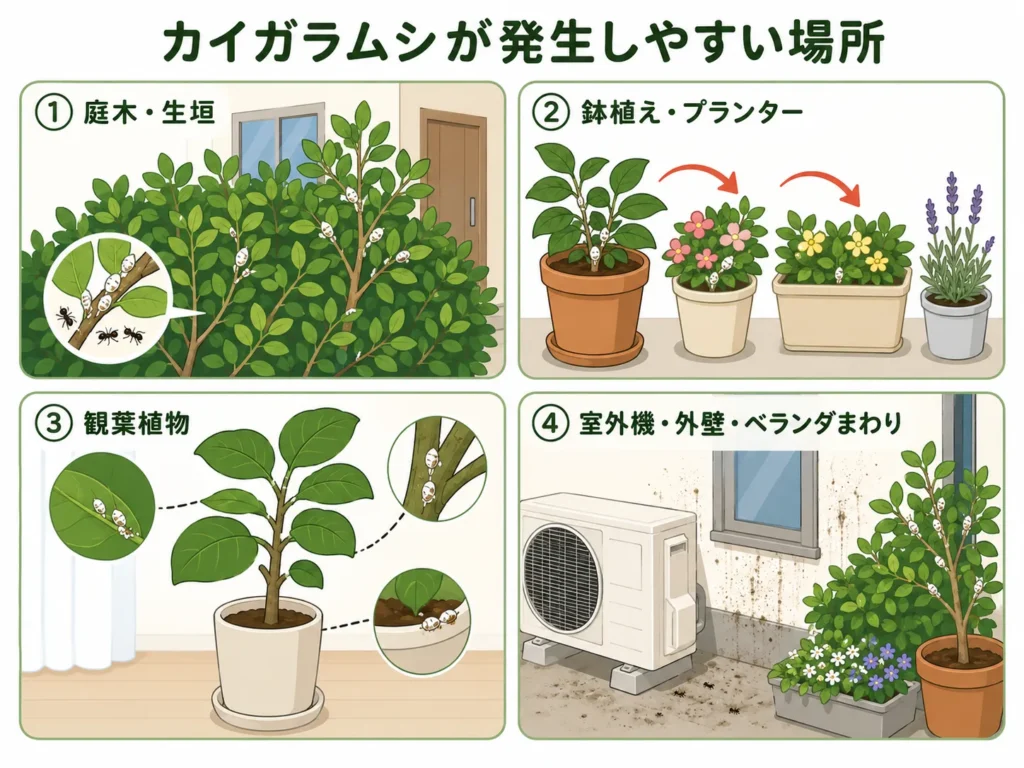 カイガラムシが発生しやすい場所・庭木・プランター・観葉植物・室外機・外壁・ベランダまわり
