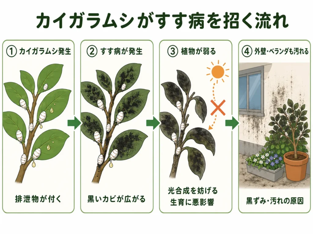 カイガラムシによる住宅被害・すす病の発生