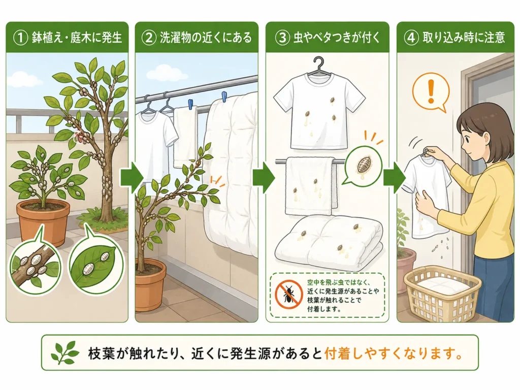 カイガラムシによる住宅被害・洗濯物や布団に付着
