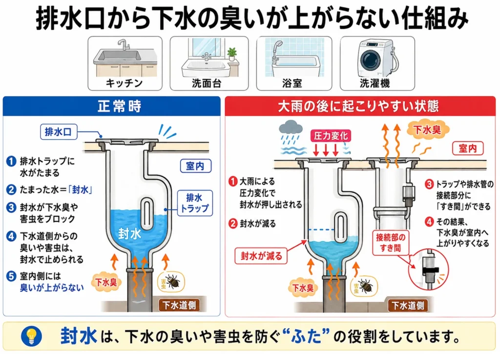 排水口から下水の臭いが上がらない仕組みの図