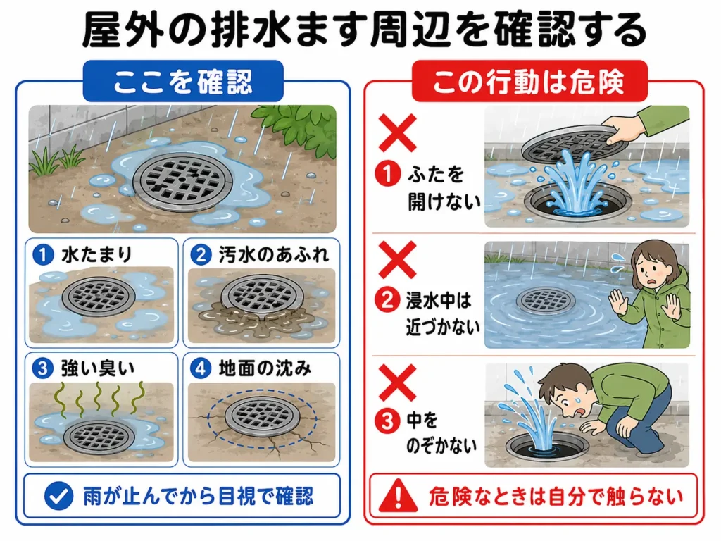 大雨の後に確認したい点検ポイント・屋外の排水ます周辺を確認する