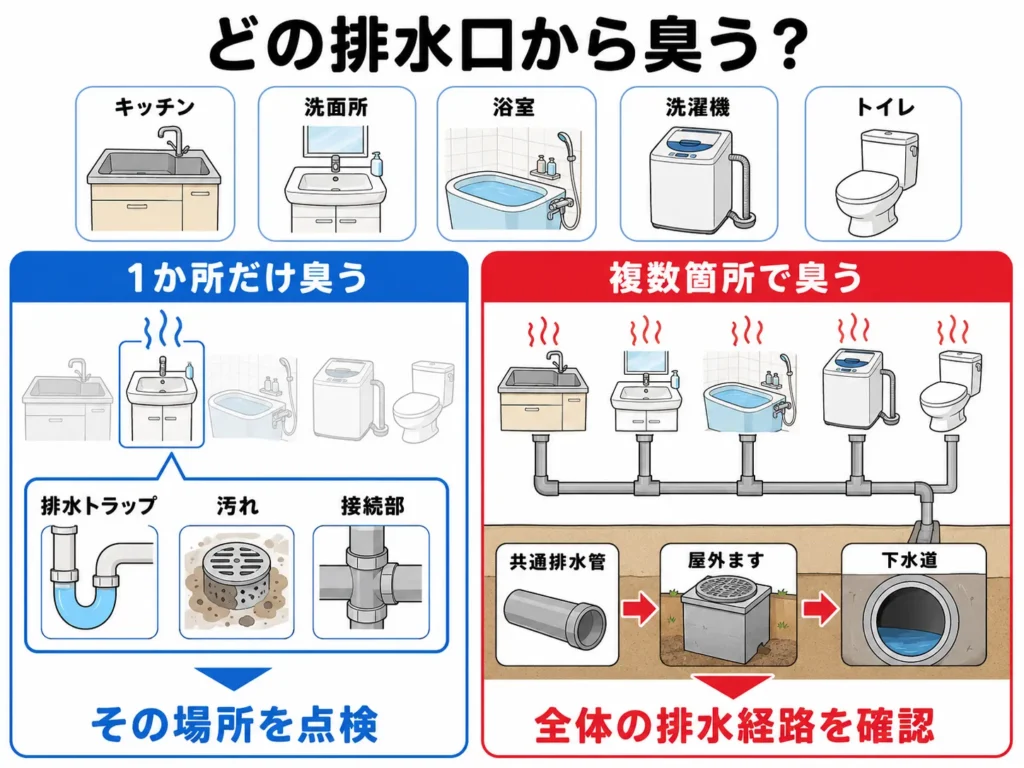 大雨の後に確認したい点検ポイント・どの排水口から臭うか確認する