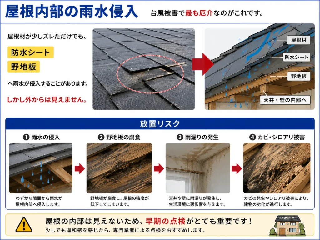 台風の見落とされやすい住宅被害・屋根内部の雨水侵入