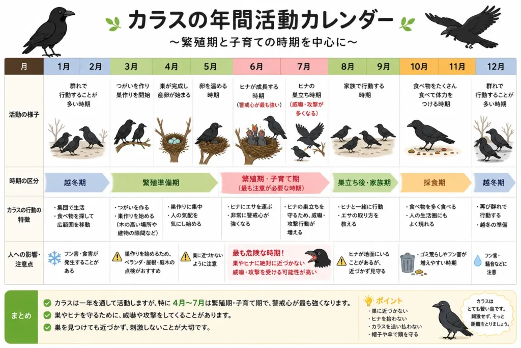 カラス年間活動カレンダー・繁殖期・子育て期