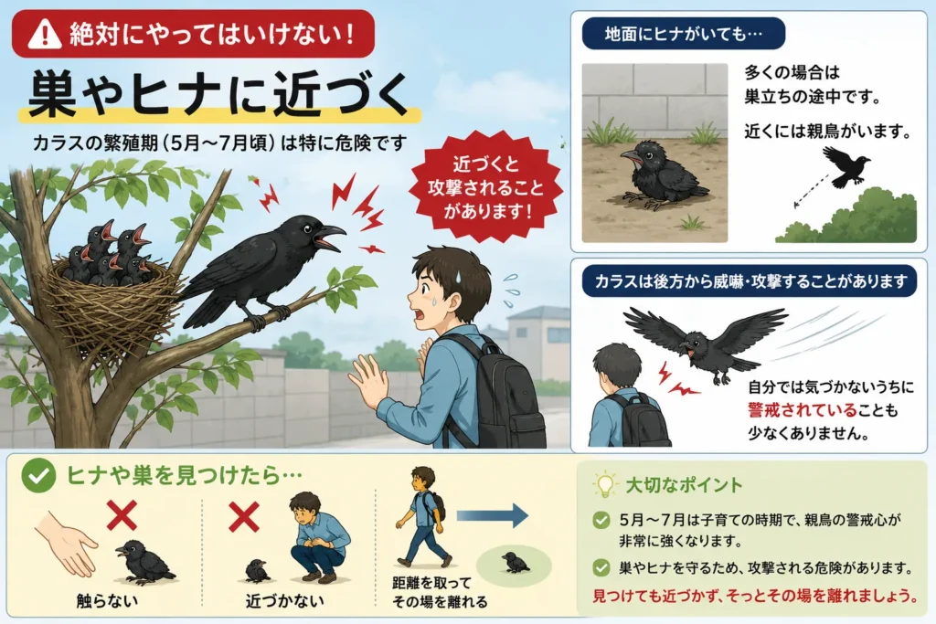カラスにやってはいけないNG行動・巣やヒナに近づく