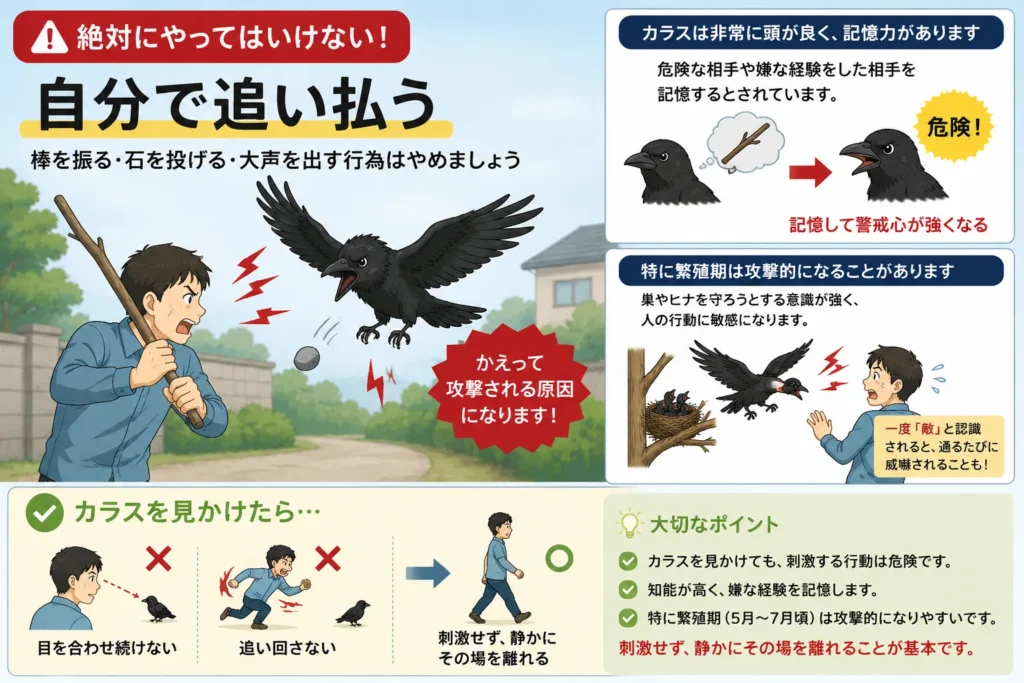 カラスにやってはいけないNG行動・自分で追い払う