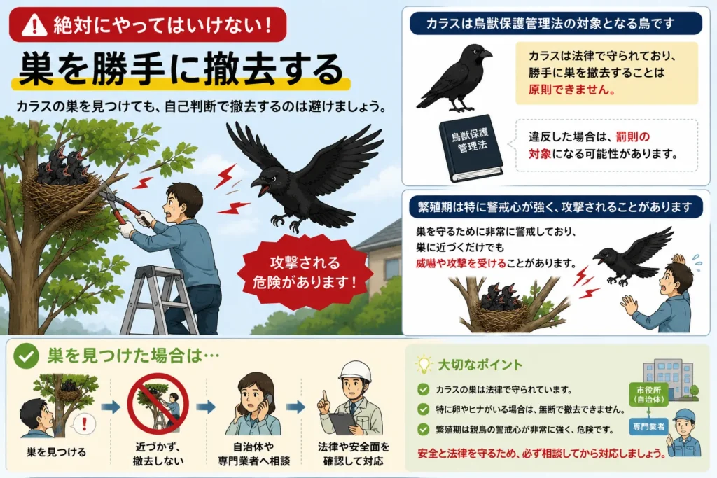 カラスにやってはいけないNG行動・巣を勝手に撤去する