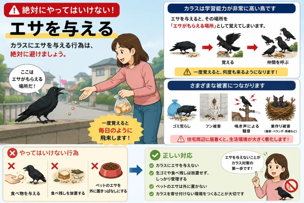 カラスにやってはいけないNG行動・エサを与える