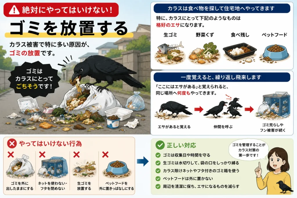 カラスにやってはいけないNG行動・ゴミを放置する