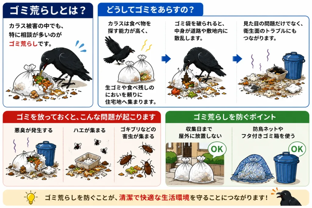 よくあるカラス被害・ゴミ荒らし