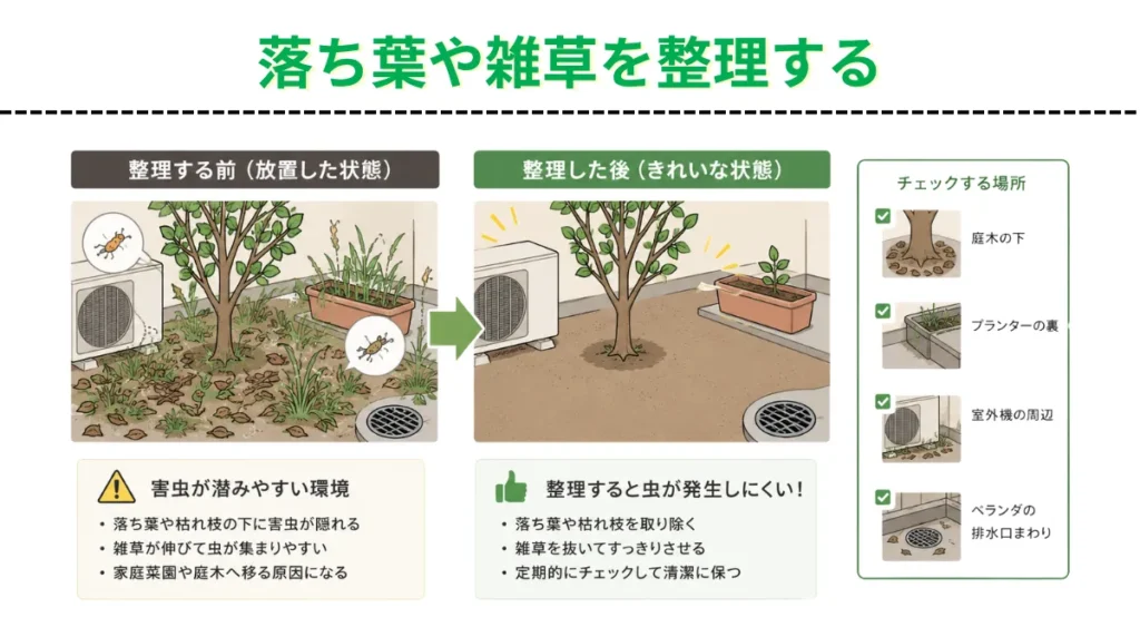 自分でできるチャノキイロアザミウマ対策・落ち葉や雑草を整理する