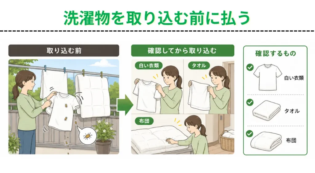 自分でできるチャノキイロアザミウマ対策・洗濯物を取り込む前に払う