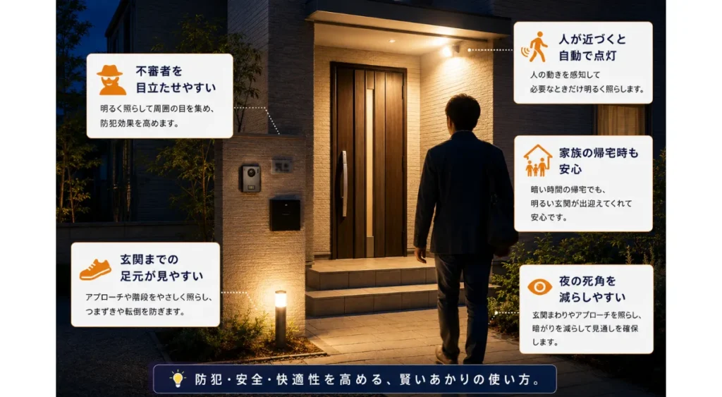 戸建て住宅の玄関まわりで行いたい防犯対策・センサーライトと常夜灯を使い分ける