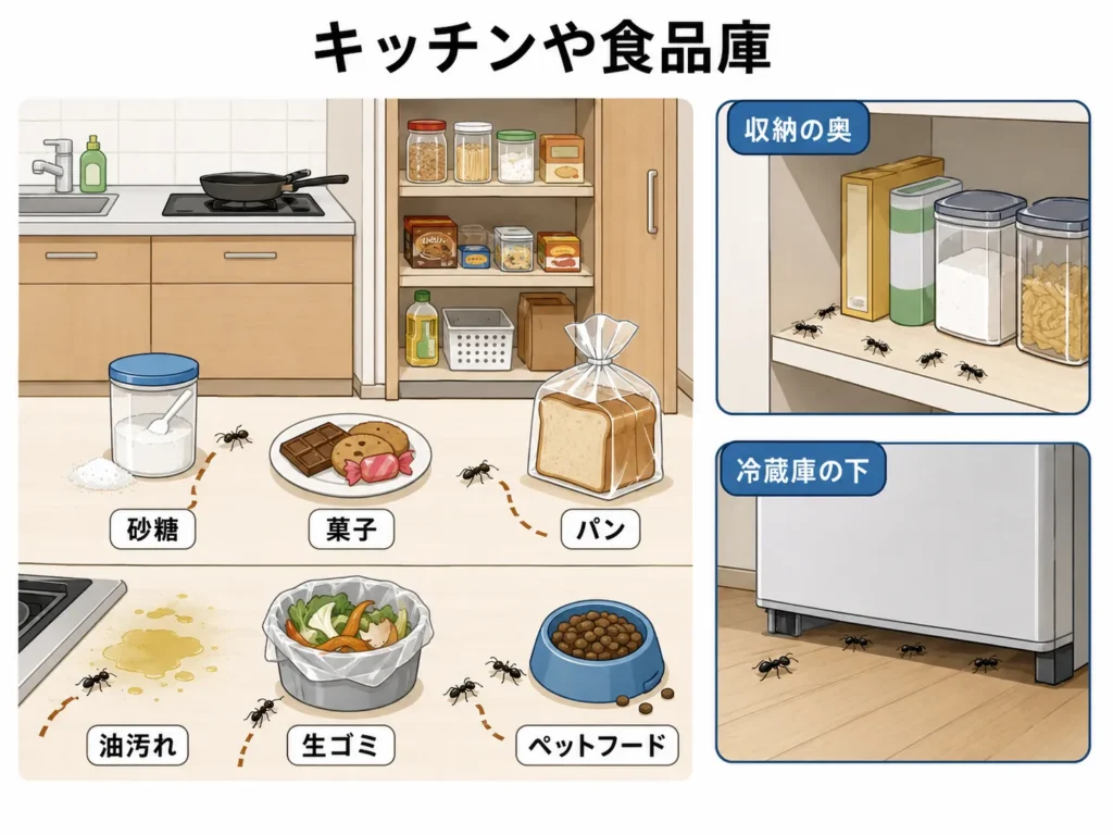 大きなアリが発生しやすい場所・キッチンや食品庫