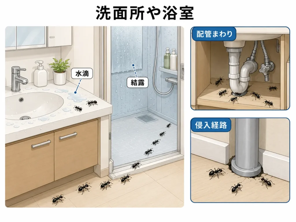 大きなアリが発生しやすい場所・洗面所や浴室