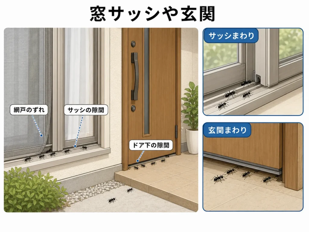 大きなアリが発生しやすい場所・窓サッシや玄関