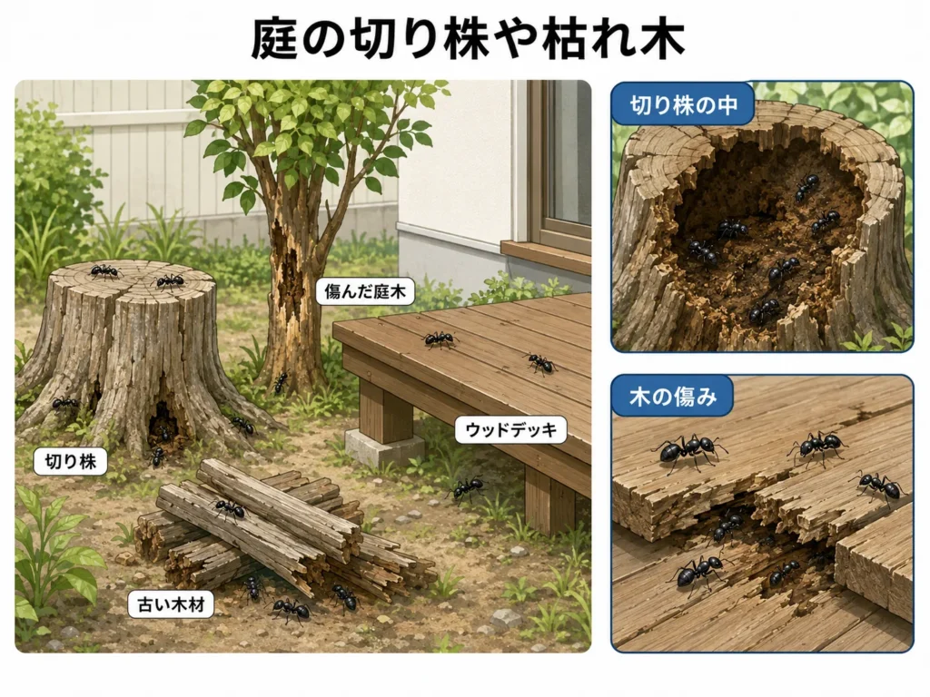 大きなアリが発生しやすい場所・庭の切り株や枯れ木