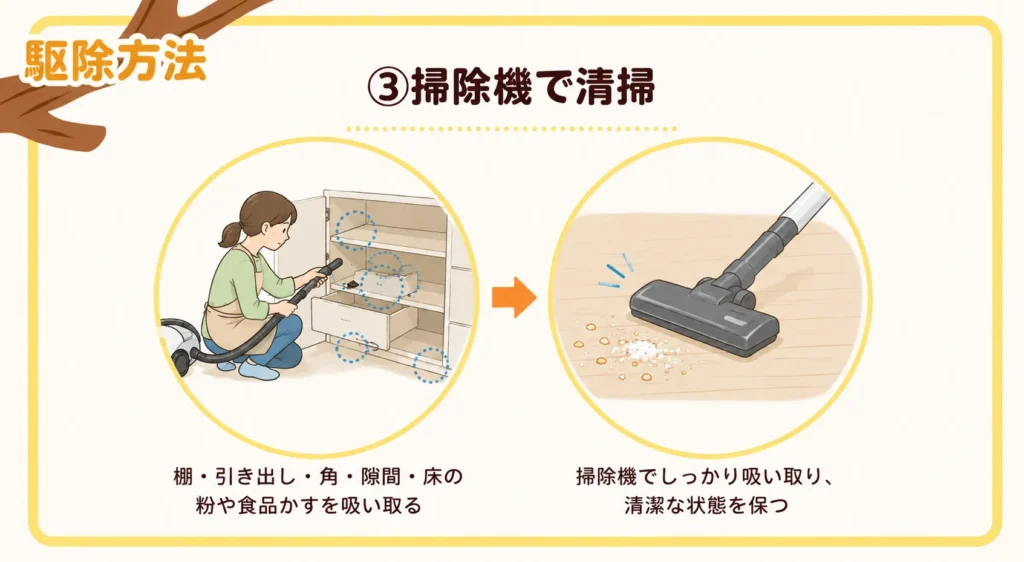 自分でできるシバンムシの駆除方法・周辺を掃除機で清掃する