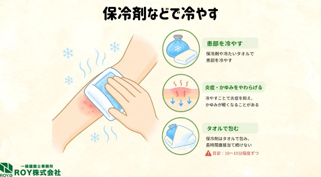 ブユに刺されたときの応急処置・保冷剤などで冷やす