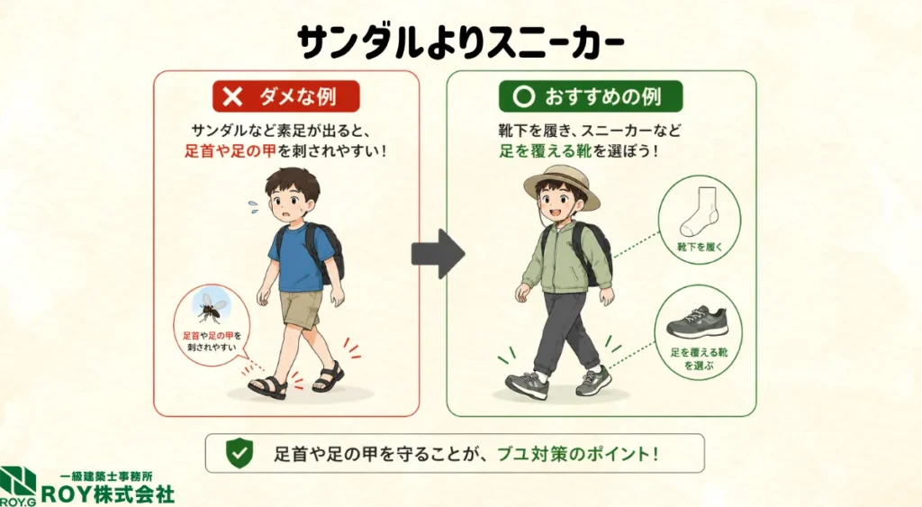 ブユに刺されない服装・サンダルよりスニーカーがおすすめ